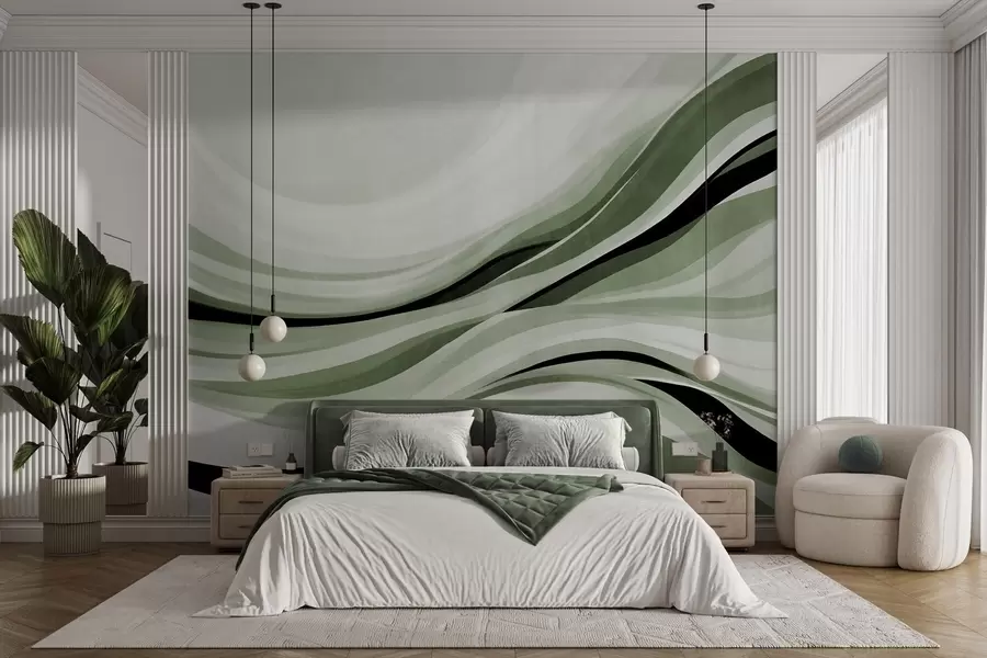 wall murals Апстрактне таласасте линије у нијансама зелене и црне на светлој позадини, текстурирана уметност w09748v1
