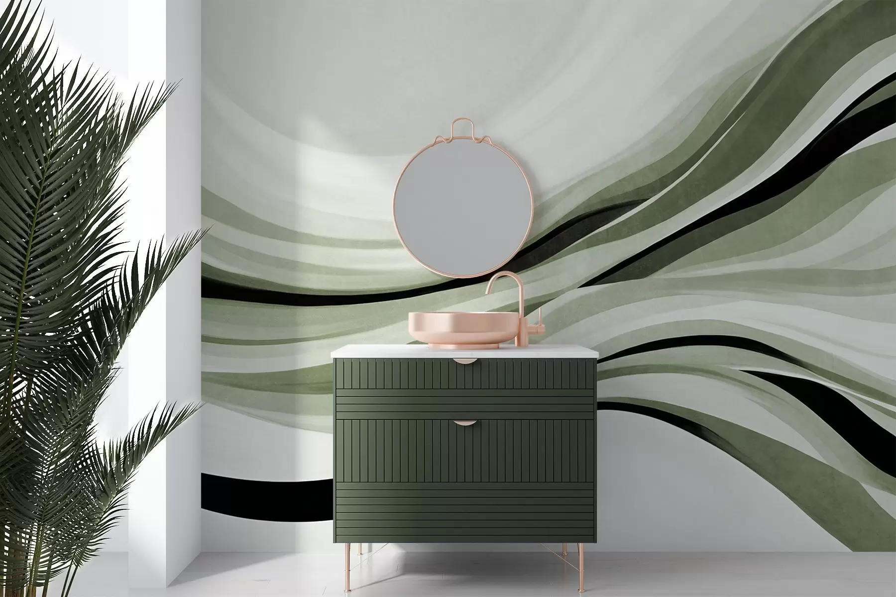 wall murals Апстрактне таласасте линије у нијансама зелене и црне на светлој позадини, текстурирана уметност w09748v1