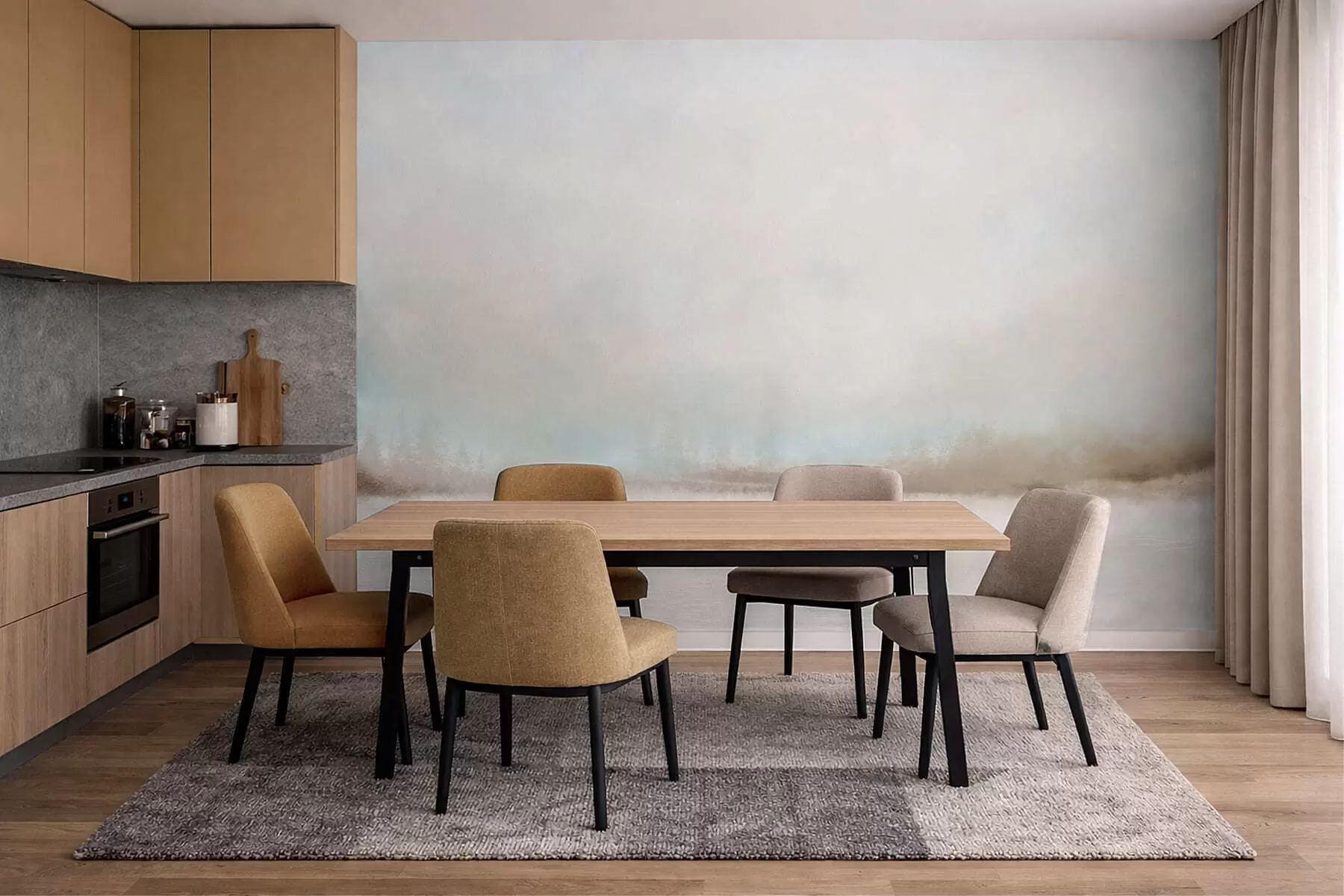 wall murals Магловити пејзаж са језером и шумом w05319