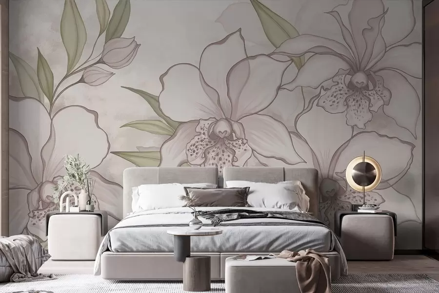 wall murals Илустрација бледих орхидеја са листовима на беж позадини w05117