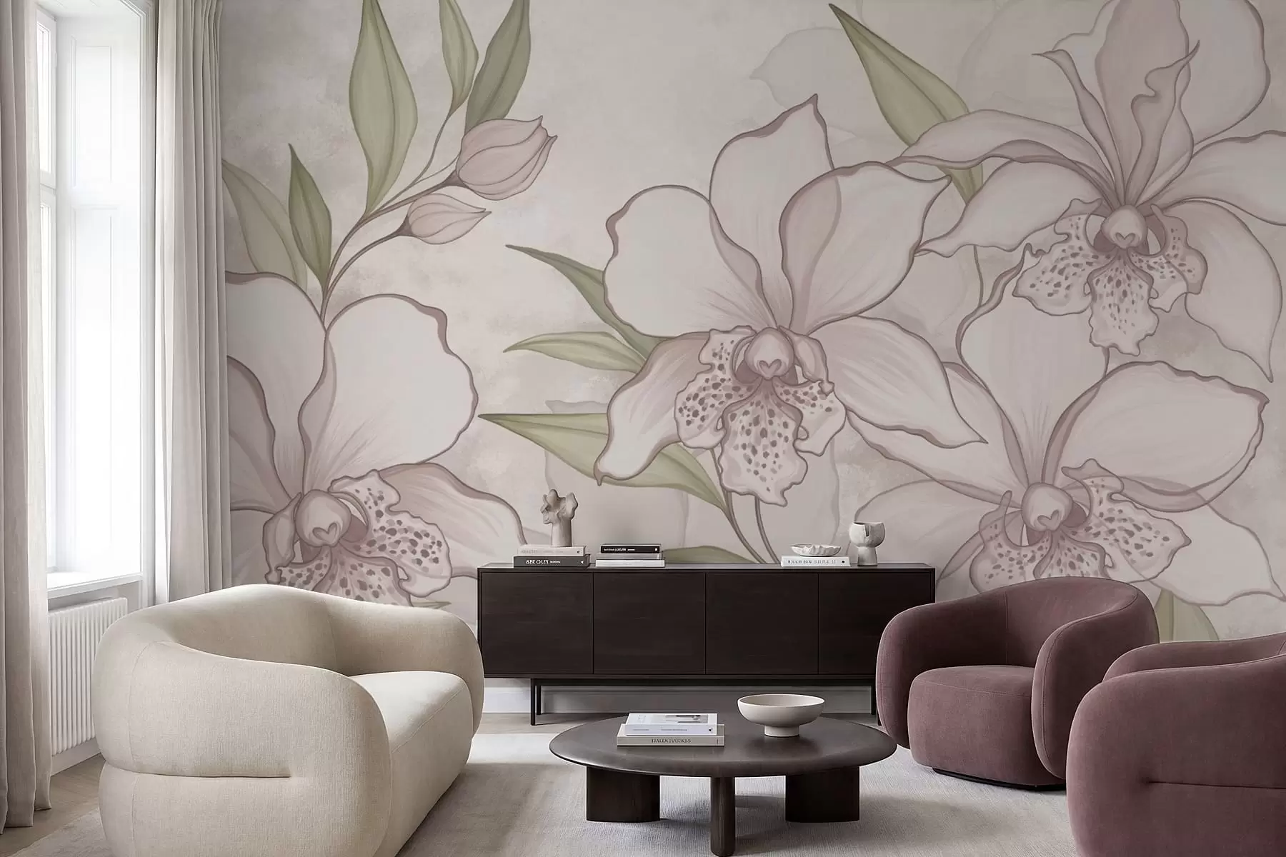 wall murals Илустрација бледих орхидеја са листовима на беж позадини w05117