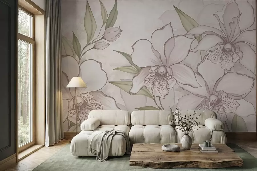 wall murals Илустрација бледих орхидеја са листовима на беж позадини w05117