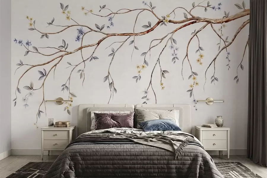 wall murals Танке гране са малим цветовима на светлој позадини w05145