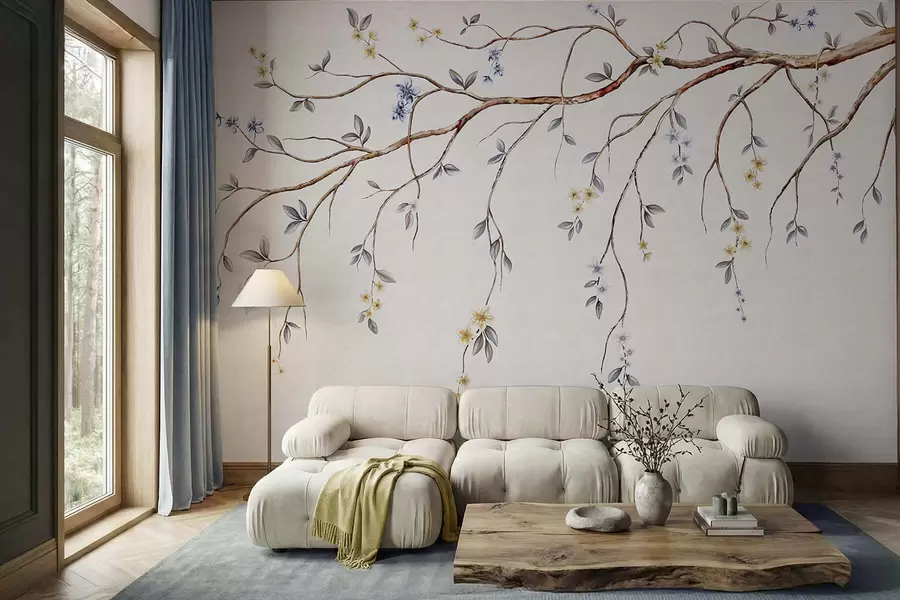 wall murals Танке гране са малим цветовима на светлој позадини w05145
