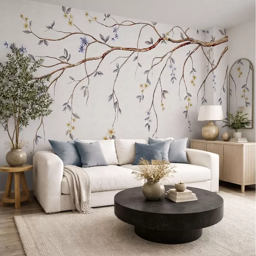 wall murals Танке гране са малим цветовима на светлој позадини w05145