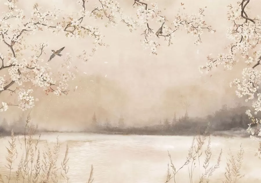 wall murals Нежне цветне гране поред језера са птицама у лаганој магли w05155