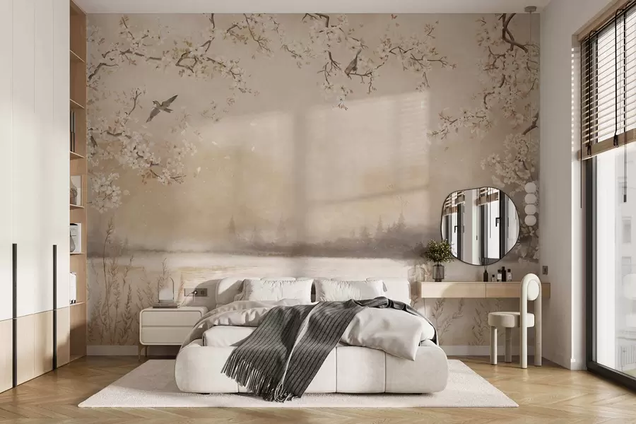 wall murals Нежне цветне гране поред језера са птицама у лаганој магли w05155