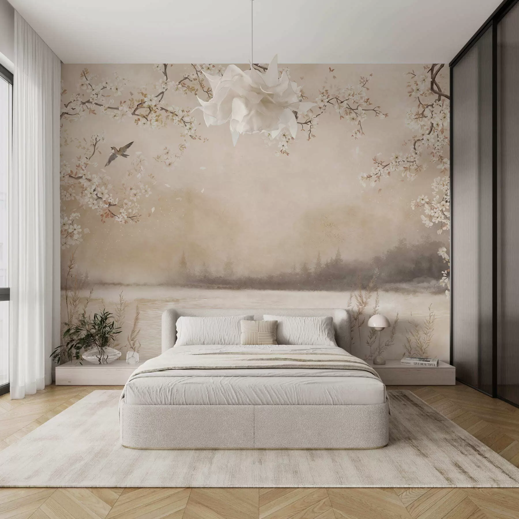 wall murals Нежне цветне гране поред језера са птицама у лаганој магли w05155