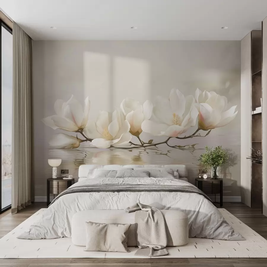 wall murals Светли цветови магнолије на грани изнад одраза у води w05353