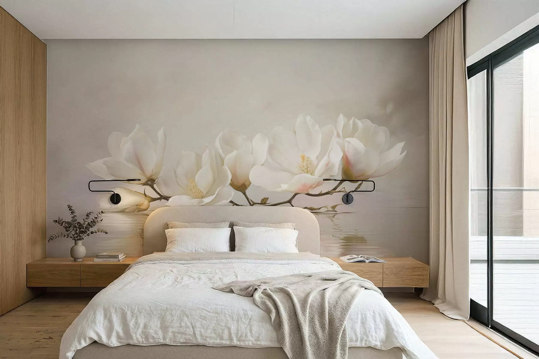 wall murals Светли цветови магнолије на грани изнад одраза у води w05353
