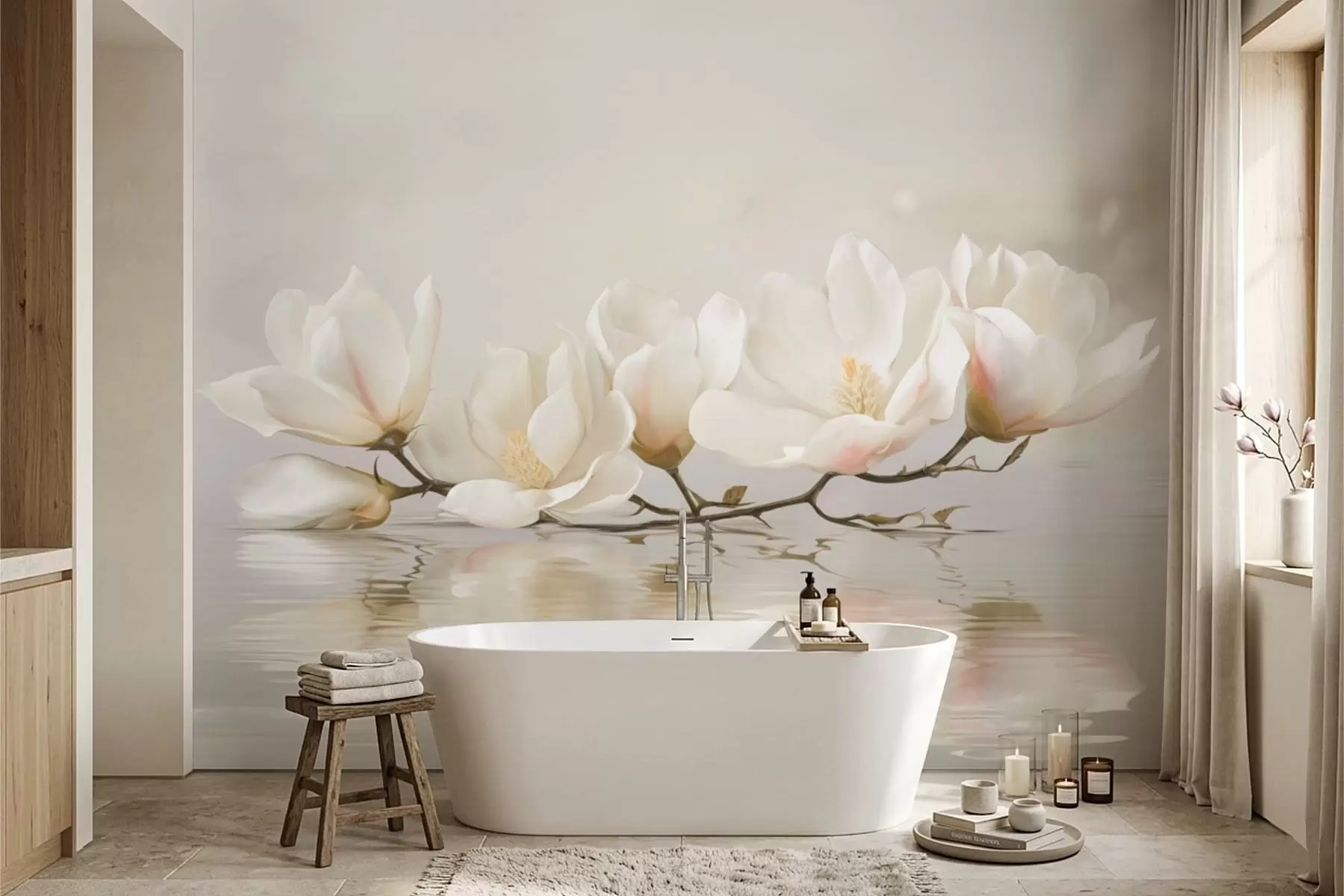 wall murals Светли цветови магнолије на грани изнад одраза у води w05353