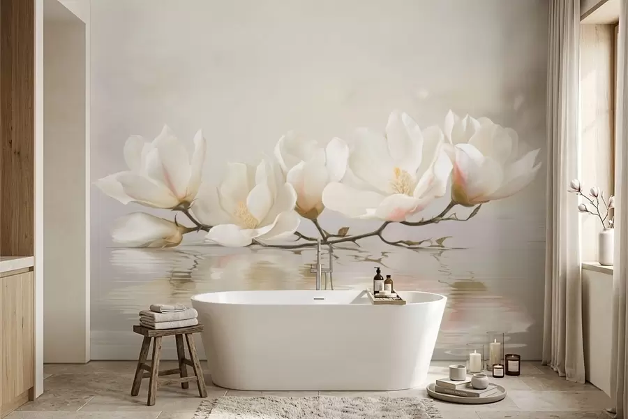 wall murals Светли цветови магнолије на грани изнад одраза у води w05353