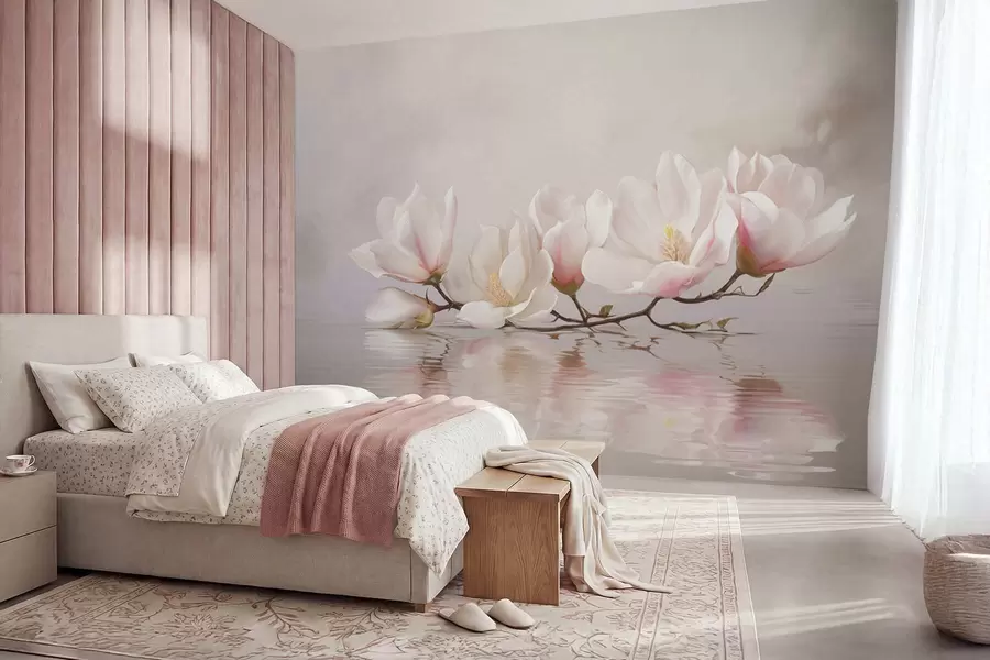 wall murals Грана магнолије са цветовима изнад одраза у мирној води w05353v1