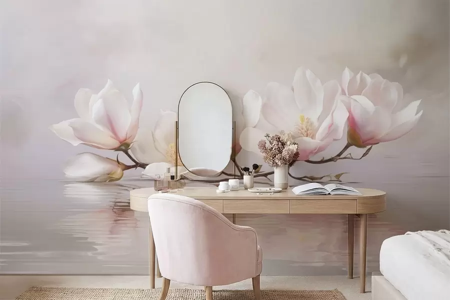 wall murals Грана магнолије са цветовима изнад одраза у мирној води w05353v1