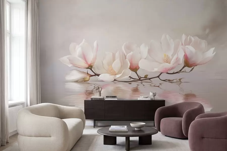 wall murals Грана магнолије са цветовима изнад одраза у мирној води w05353v1