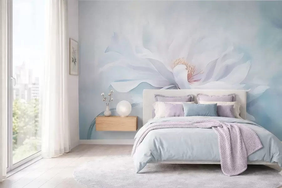 wall murals Нежни бели цвет са лепршавим латицама на плавој позадини w05354
