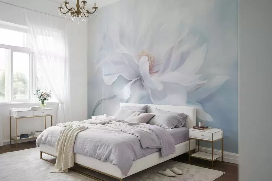 wall murals Нежни бели цвет са лепршавим латицама на плавој позадини w05354