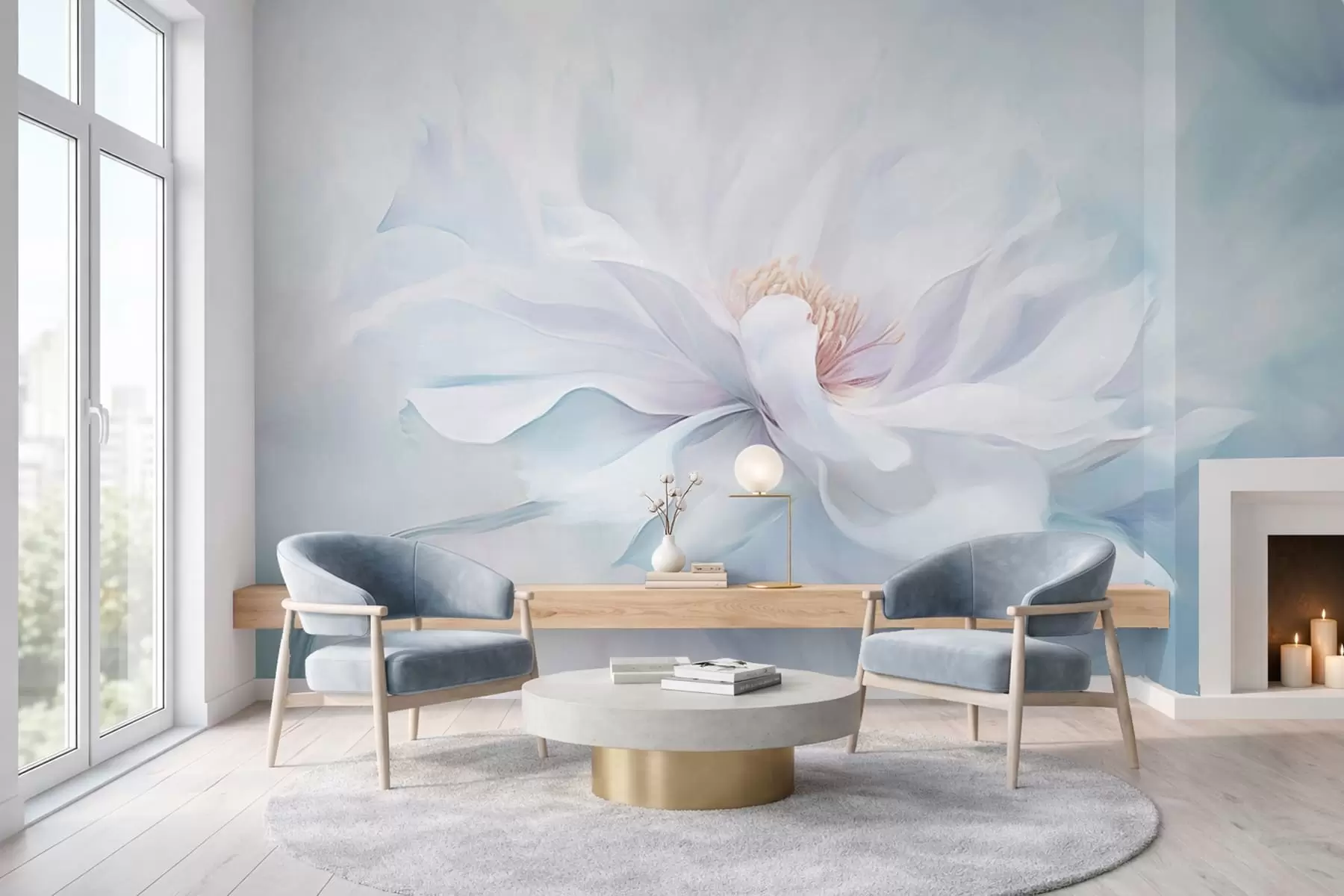 wall murals Нежни бели цвет са лепршавим латицама на плавој позадини w05354