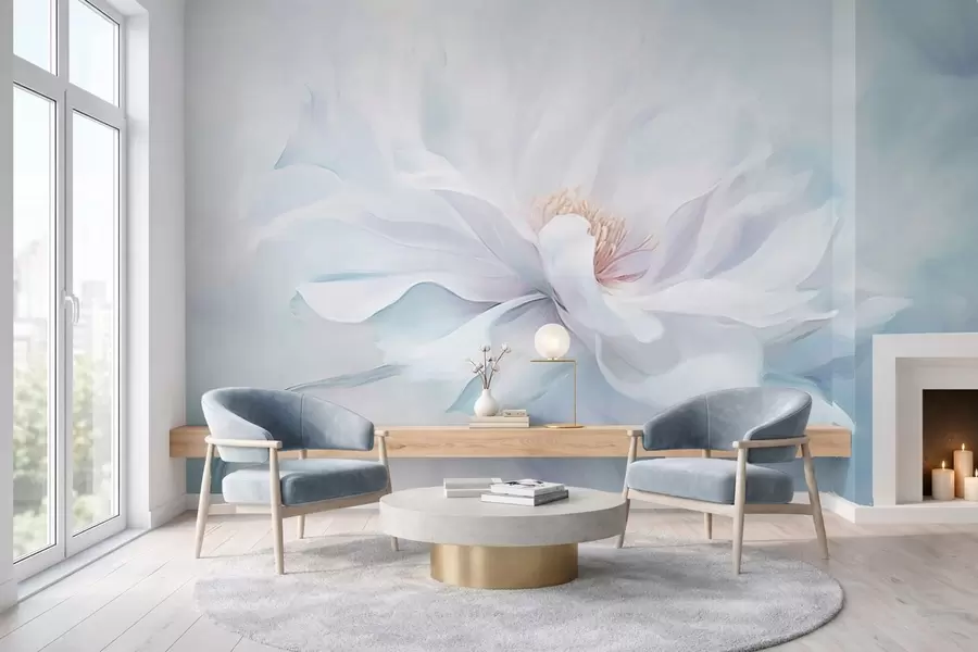 wall murals Нежни бели цвет са лепршавим латицама на плавој позадини w05354