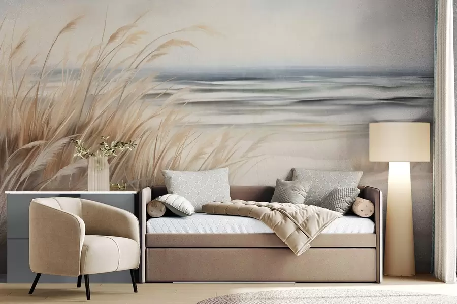 wall murals Текстурирани пејзаж са сувом травом на пешчаној плажи, са океаном и небом у позадини w09739