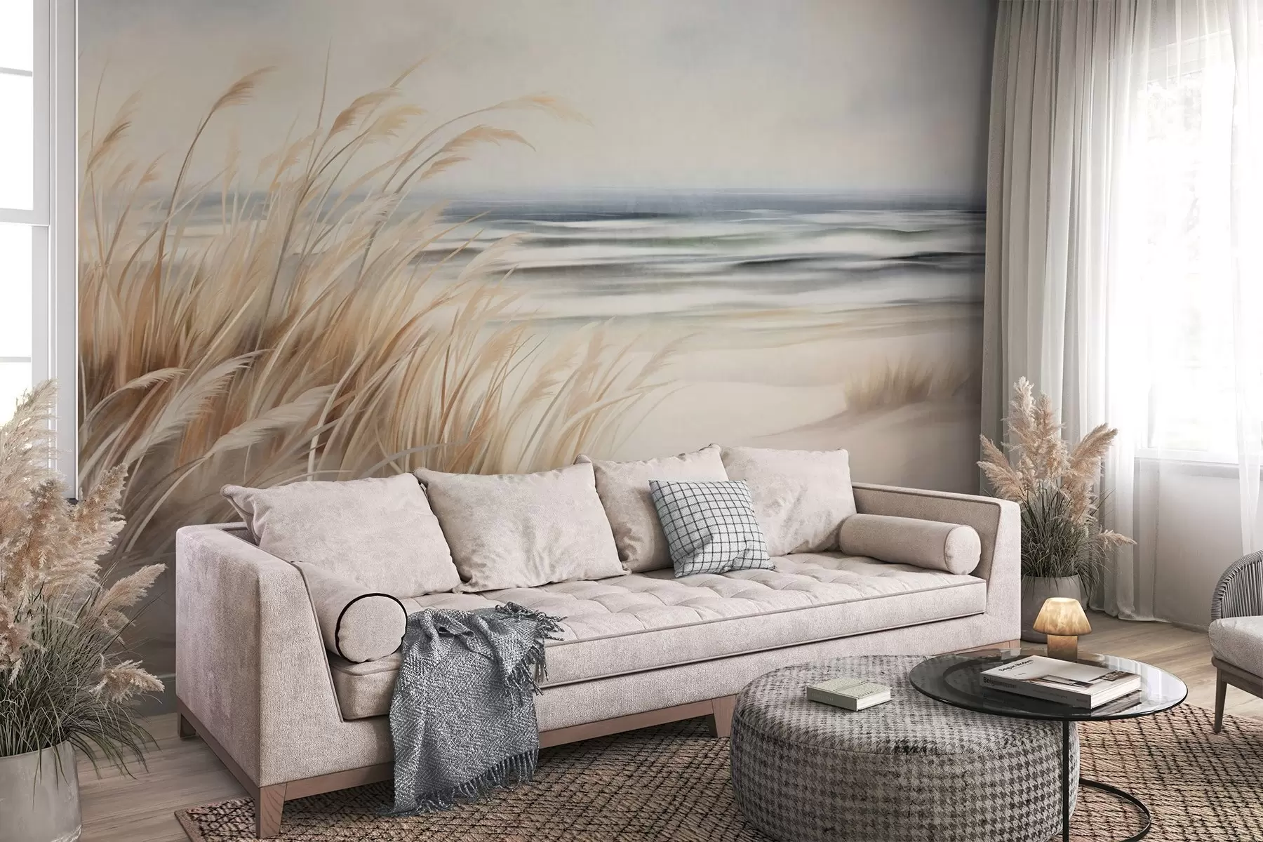 wall murals Текстурирани пејзаж са сувом травом на пешчаној плажи, са океаном и небом у позадини w09739