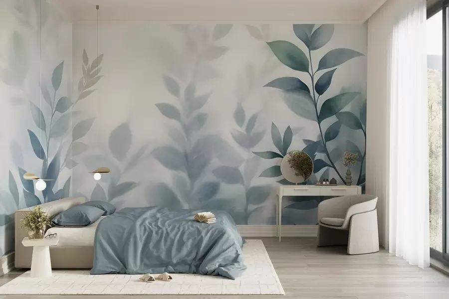 wall murals Нежне гране са пригушеним плавим листовима, стил акварела, текстурирана уметност w09750v1
