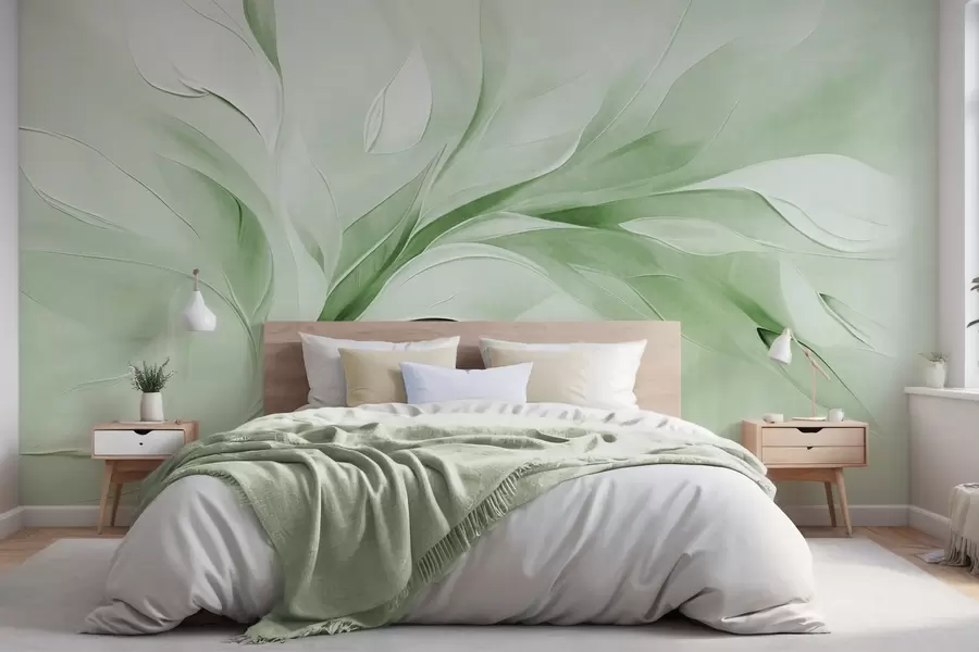 wall murals Апстрактни текстурирани стил сликања зелених и белих текућих листова w09765v2