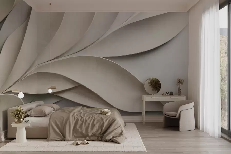 wall murals Апстрактно лишће у беж и сивој боји, текстурирана модерна уметност w09769