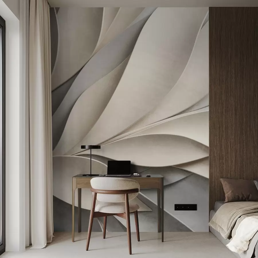 wall murals Апстрактно лишће у беж и сивој боји, текстурирана модерна уметност w09769