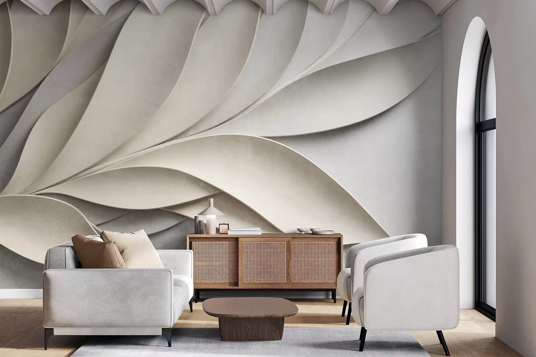 wall murals Апстрактно лишће у беж и сивој боји, текстурирана модерна уметност w09769