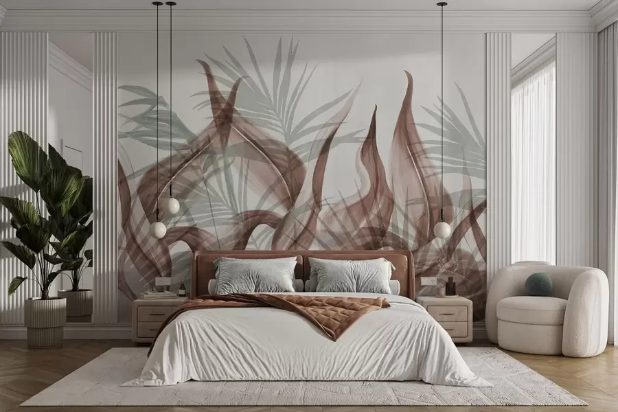 wall murals Тропско лишће у нијансама смеђе и зелене на белој позадини, текстурирано у акварелу w09772