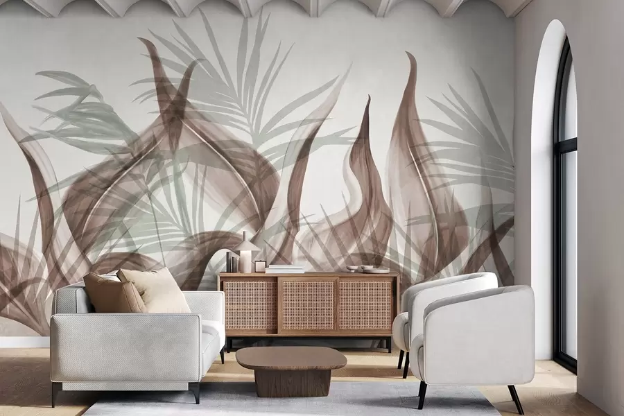 wall murals Тропско лишће у нијансама смеђе и зелене на белој позадини, текстурирано у акварелу w09772