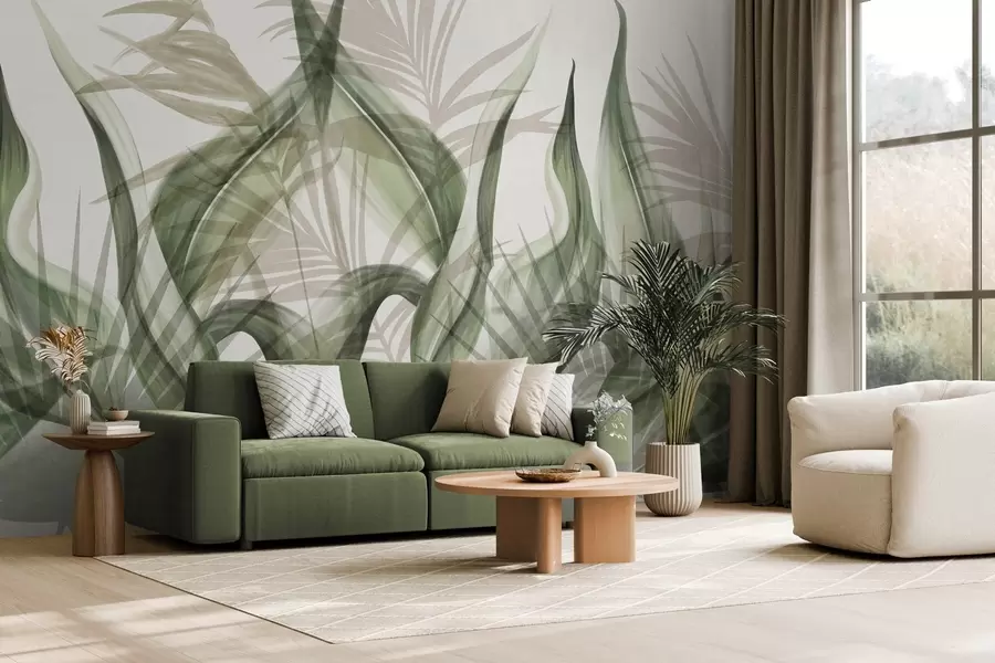 wall murals Тропско лишће у нијансама беж и зелене на белој позадини, текстурирано у акварелном стилу w09772v1