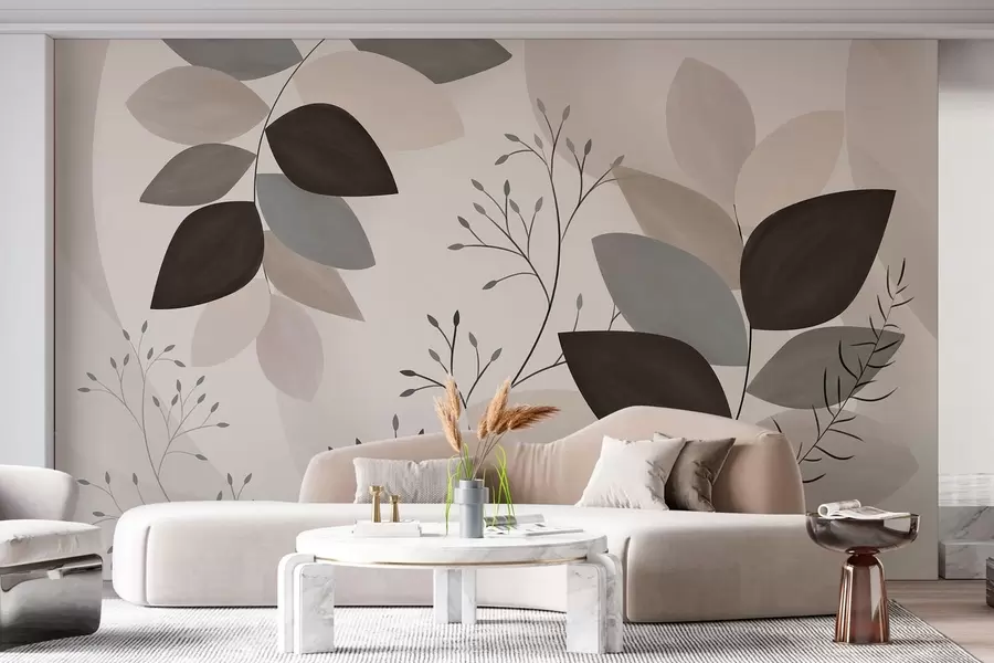 wall murals лишће и траве у нијансама беж, сиве и браон w05237