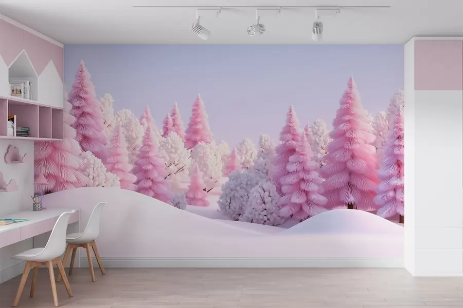 wall murals Снежна зимска шума у ружичастим тоновима w09654