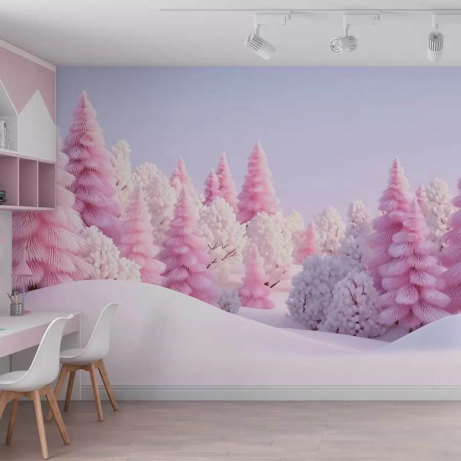 wall murals Снежна зимска шума у ружичастим тоновима w09654