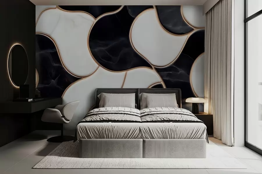 wall murals Апстрактна имитација мермерне композиције у црно-белим тоновима са жутим линијама w09733