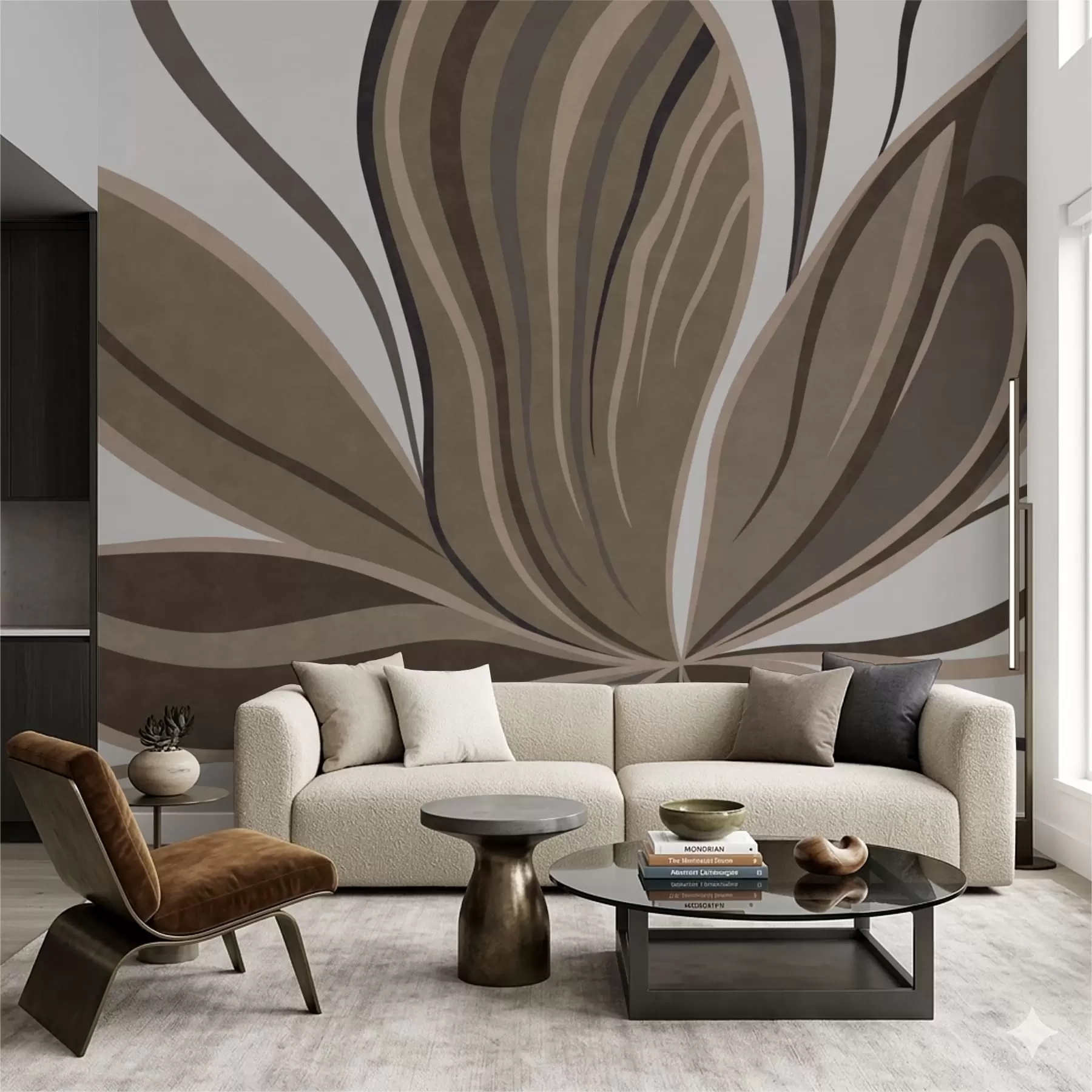 wall murals Стилизовани цвет са течним линијама у смеђим тоновима w05147