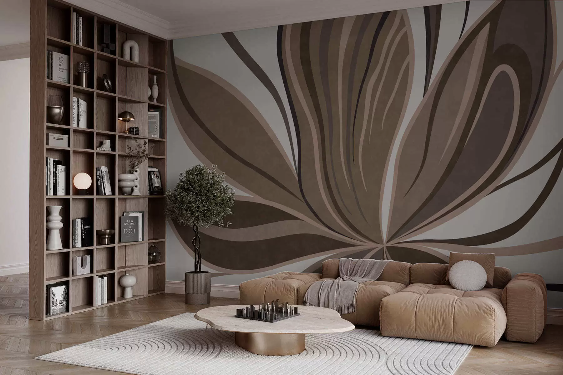 wall murals Стилизовани цвет са течним линијама у смеђим тоновима w05147