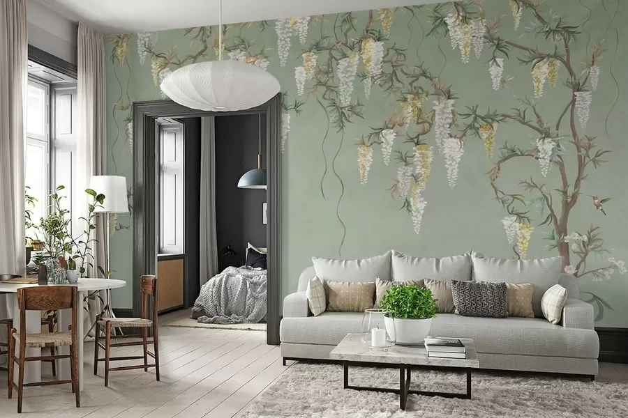 wall murals Цветне гране са белим цветовима и птицама на зеленој површини w05394