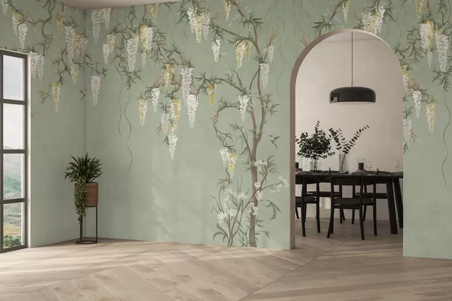 wall murals Цветне гране са белим цветовима и птицама на зеленој површини w05394