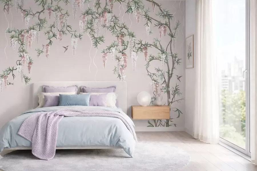 wall murals Цветне гране са ружичастим цветовима и птицама w05394v1