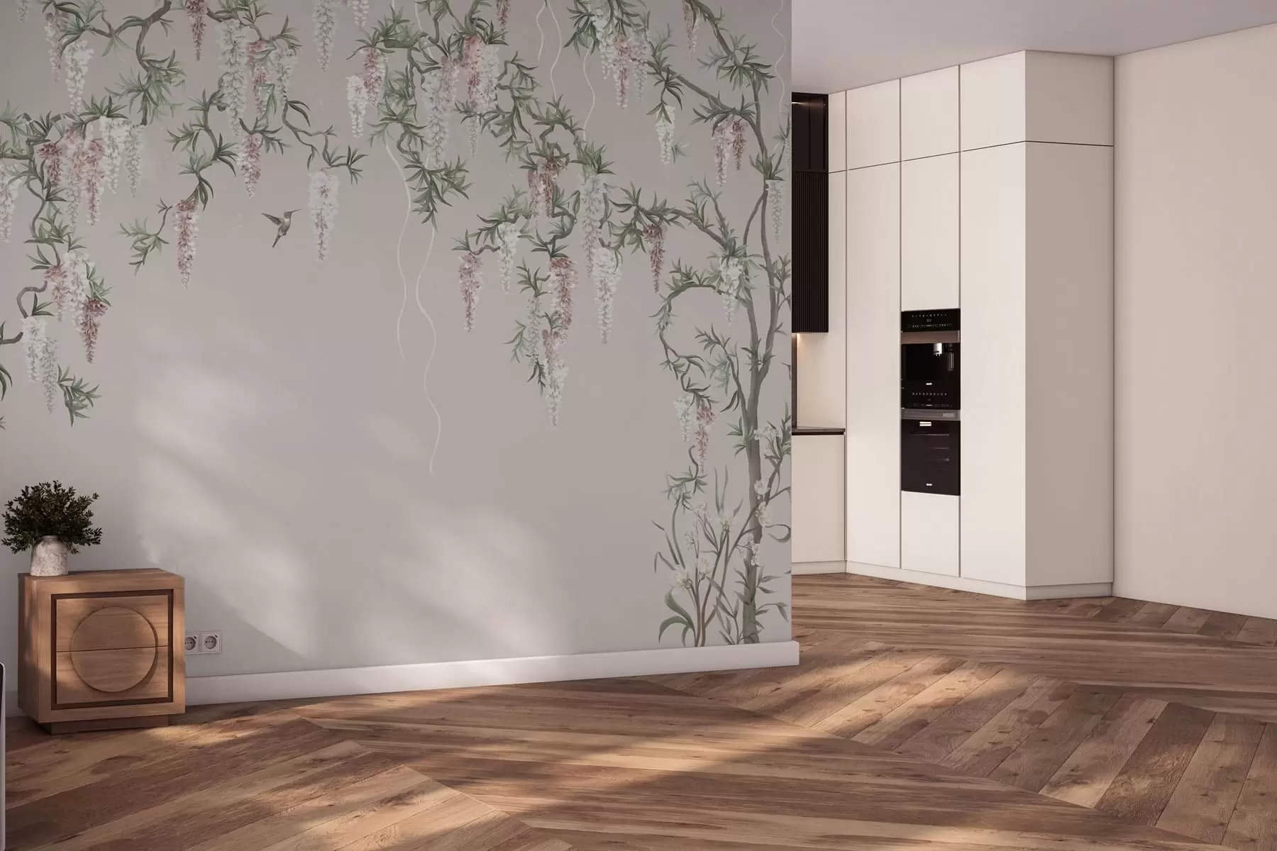 wall murals Цветне гране са ружичастим цветовима и птицама w05394v1