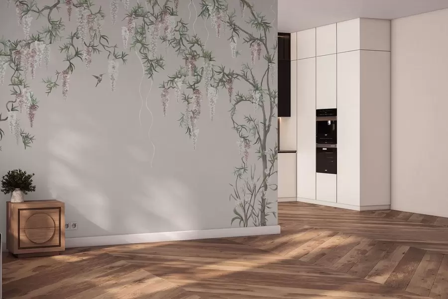 wall murals Цветне гране са ружичастим цветовима и птицама w05394v1