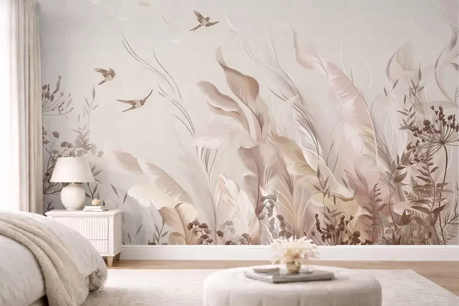 wall murals Меко перје, траве и птице у светлим тоновима w05395