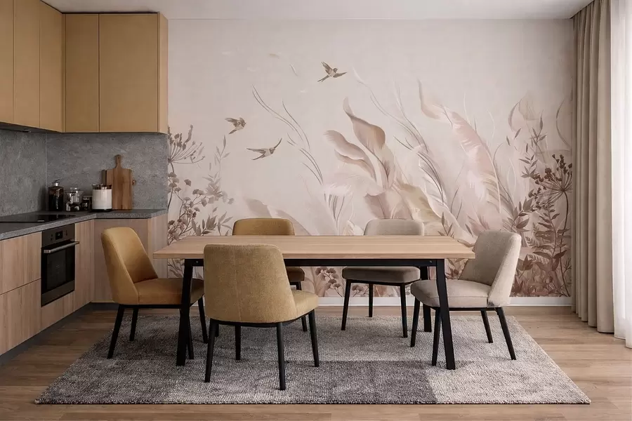 wall murals Меко перје, траве и птице у светлим тоновима w05395