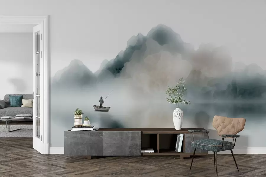 wall murals Планински пејзаж са чамцем и рибаром који се растварају у мекој магли w09678