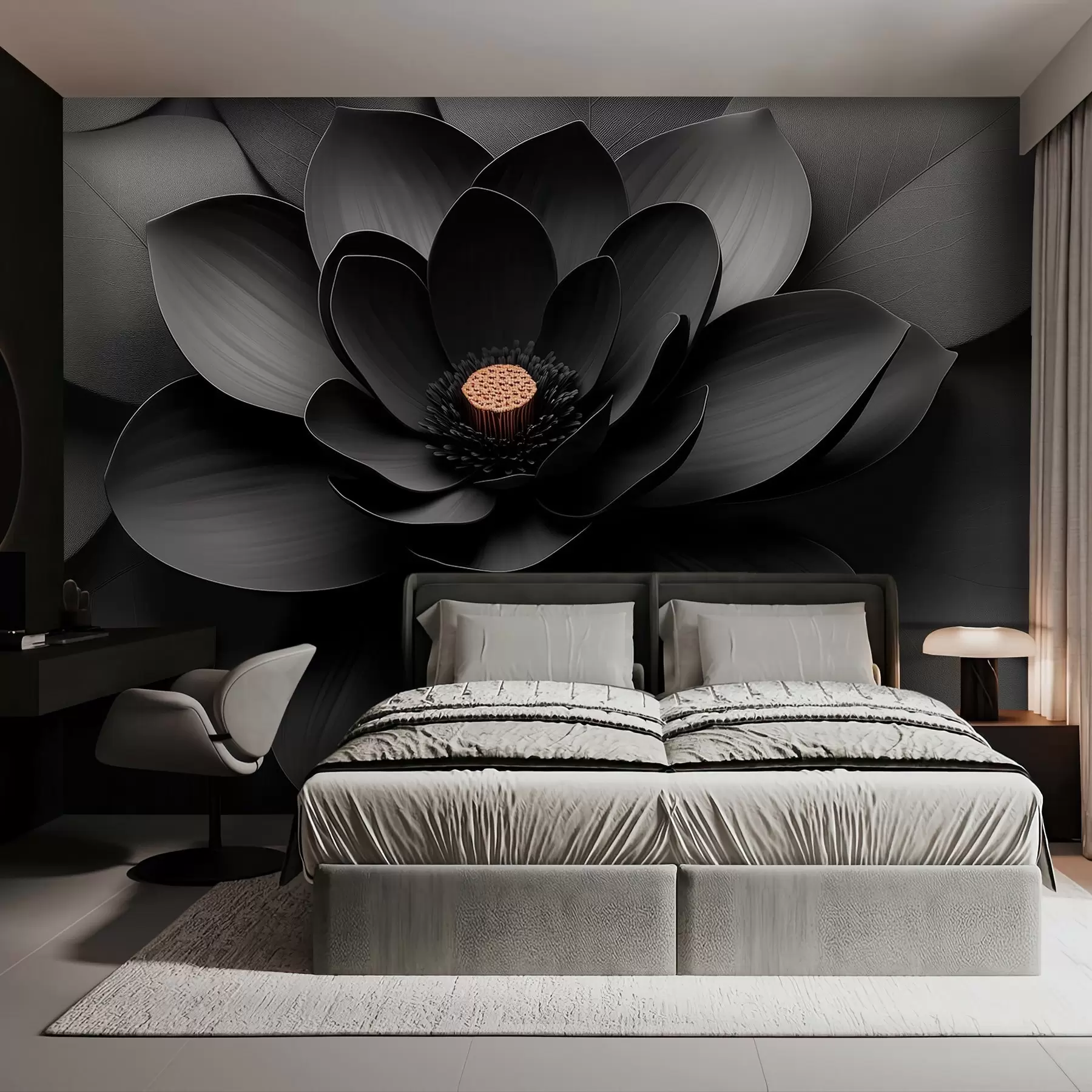 wall murals Минималистички црни цвет са латицама и контрастним топлим средиштем w09721