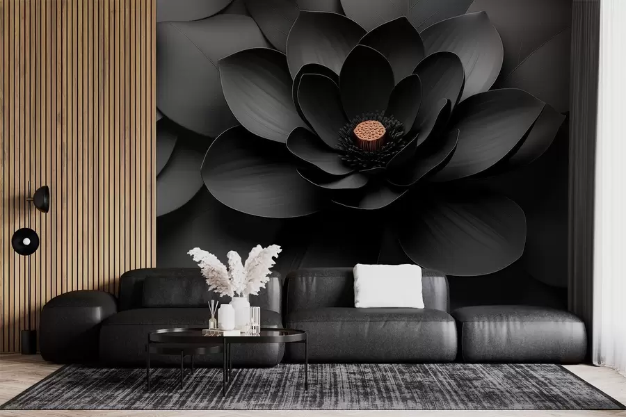 wall murals Минималистички црни цвет са латицама и контрастним топлим средиштем w09721