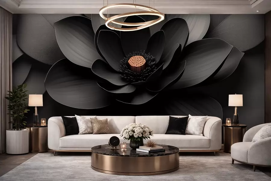 wall murals Минималистички црни цвет са латицама и контрастним топлим средиштем w09721